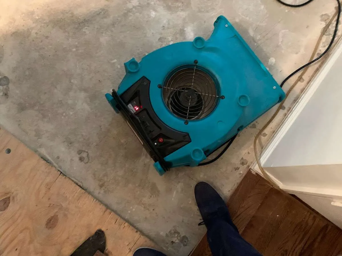 Air mover drying subfloor during Leak Detection & Repair in Liberty Lake